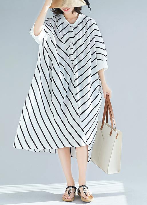 100% White Striped Tunic Dress Asymmetric Spring Dress