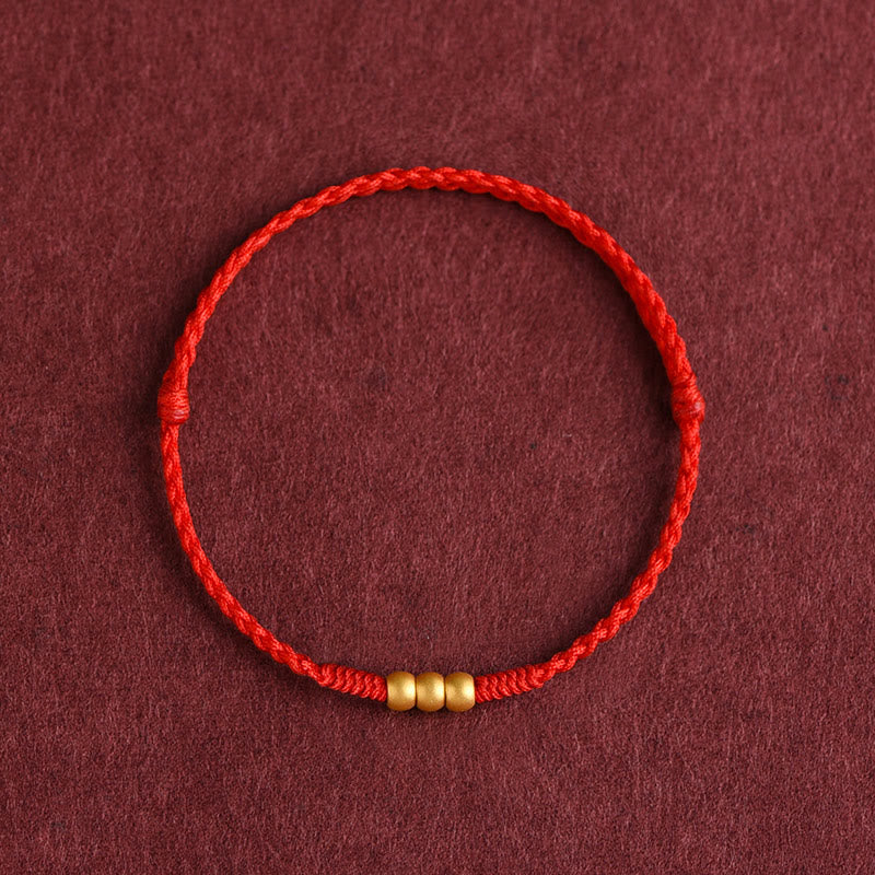 999 Gold Mini Red String Bracelet With Three Beads for Luck