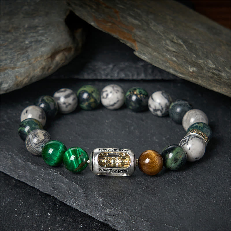 Buddha Stones Natural Grey Jasper Kambamba Jasper Tiger Eye Om Mani Padme Hum Protection Bracelet
