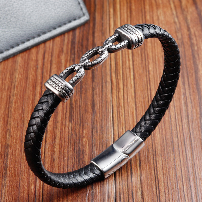 Buddha Stones Handmade Chain Link Design Titanium Steel Leather Strengthen Bracelet