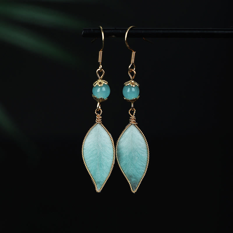 Buddha Stones Handmade Cyan Leaf Copper Plated Silver Hook Protection Drop Earrings