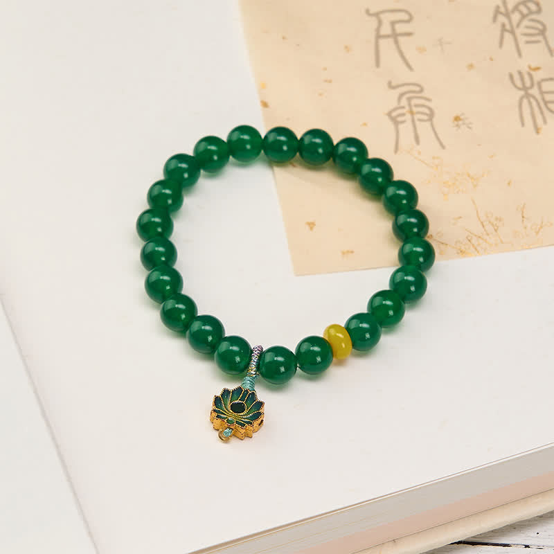 Buddha Stones Natural Green Agate Yellow Agate Lotus Charm Success Beaded Bracelet