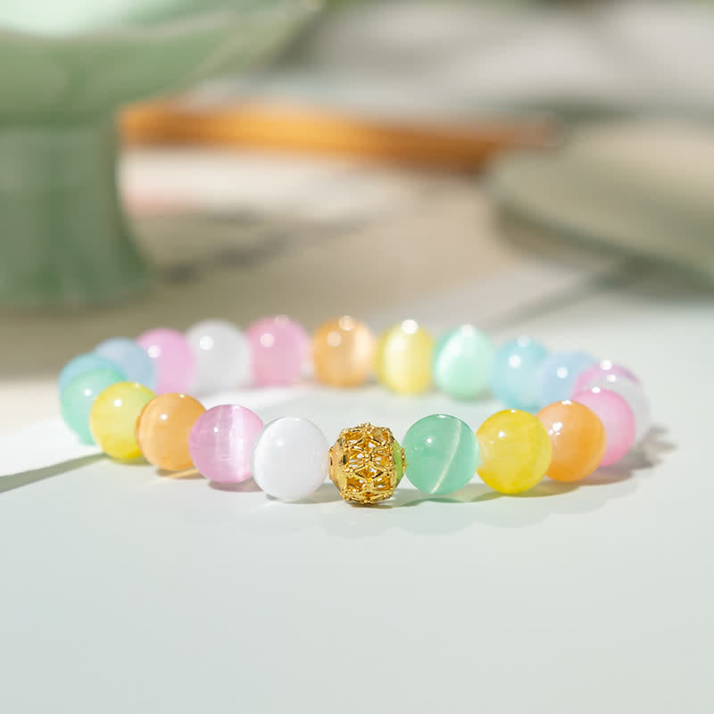 Buddha Stones Hollow Design Multicolor Cat's Eye Round Beads Positive Bracelet