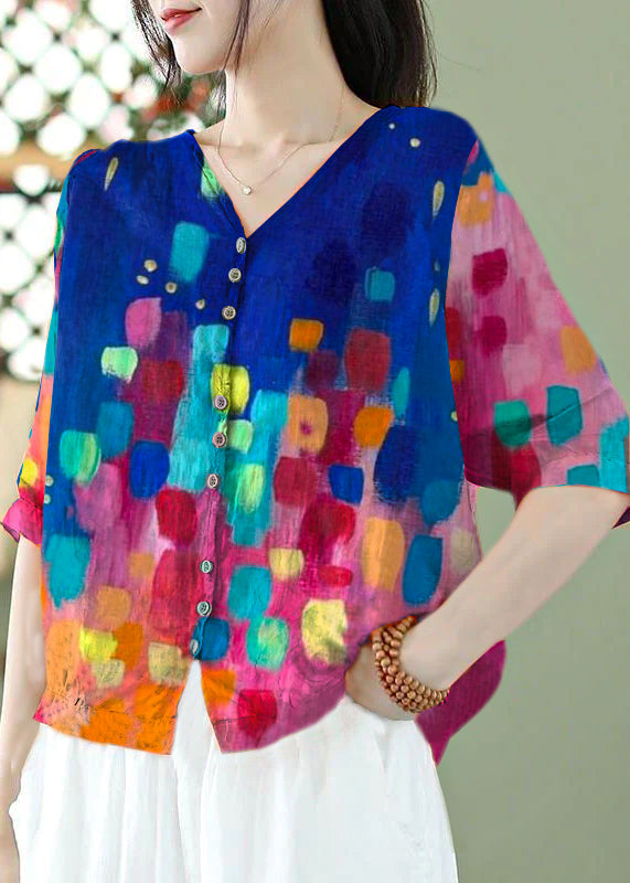Orange Print Slim Fit Linen Shirt Top Half Sleeve
