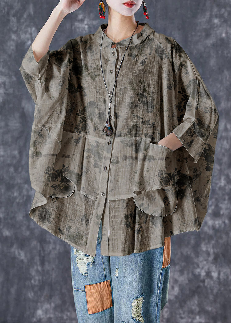 White Stand Collar Patchwork Linen Shirt Tops Batwing Sleeve