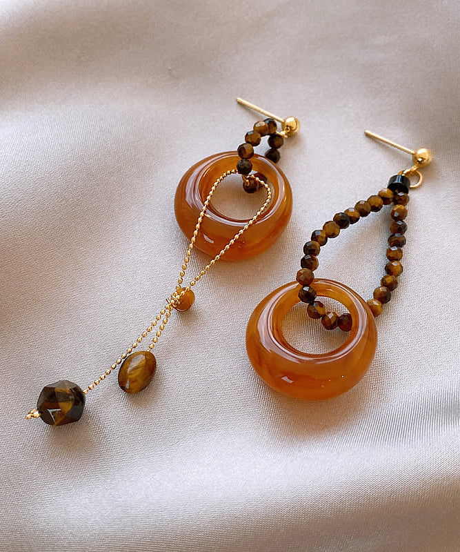 Coffee Sterling Silver Overgild Asymmetrical Beading Tassel Drop Earrings