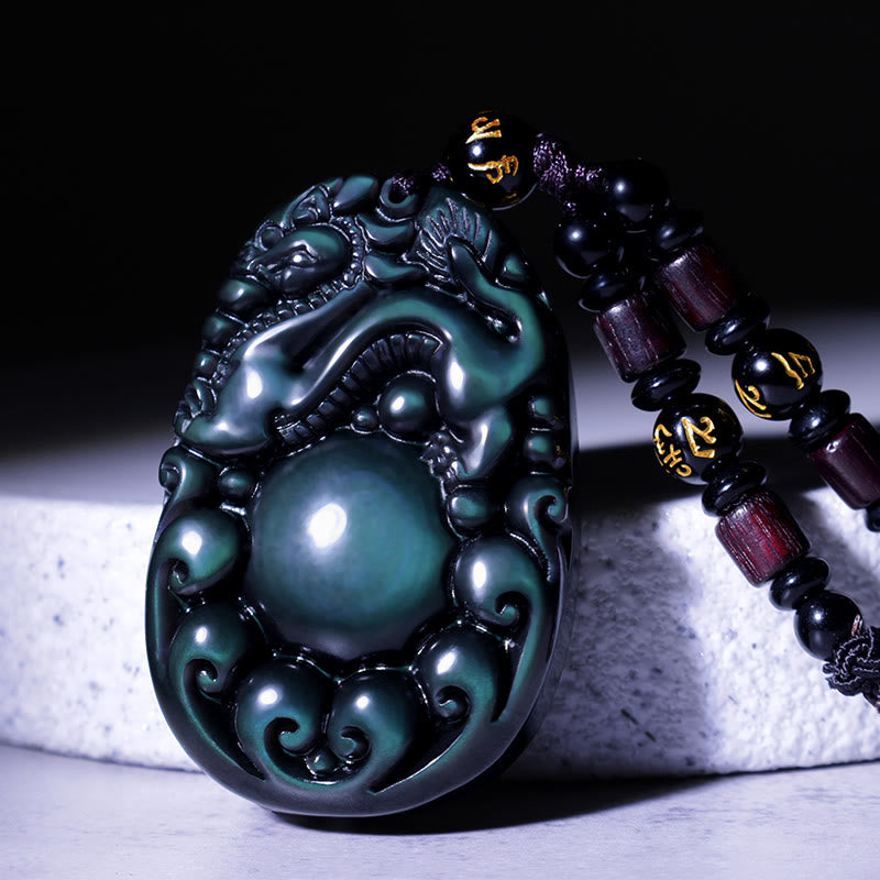 Buddha Stones Tibetan Positive Rainbow Obsidian Pixiu Necklace