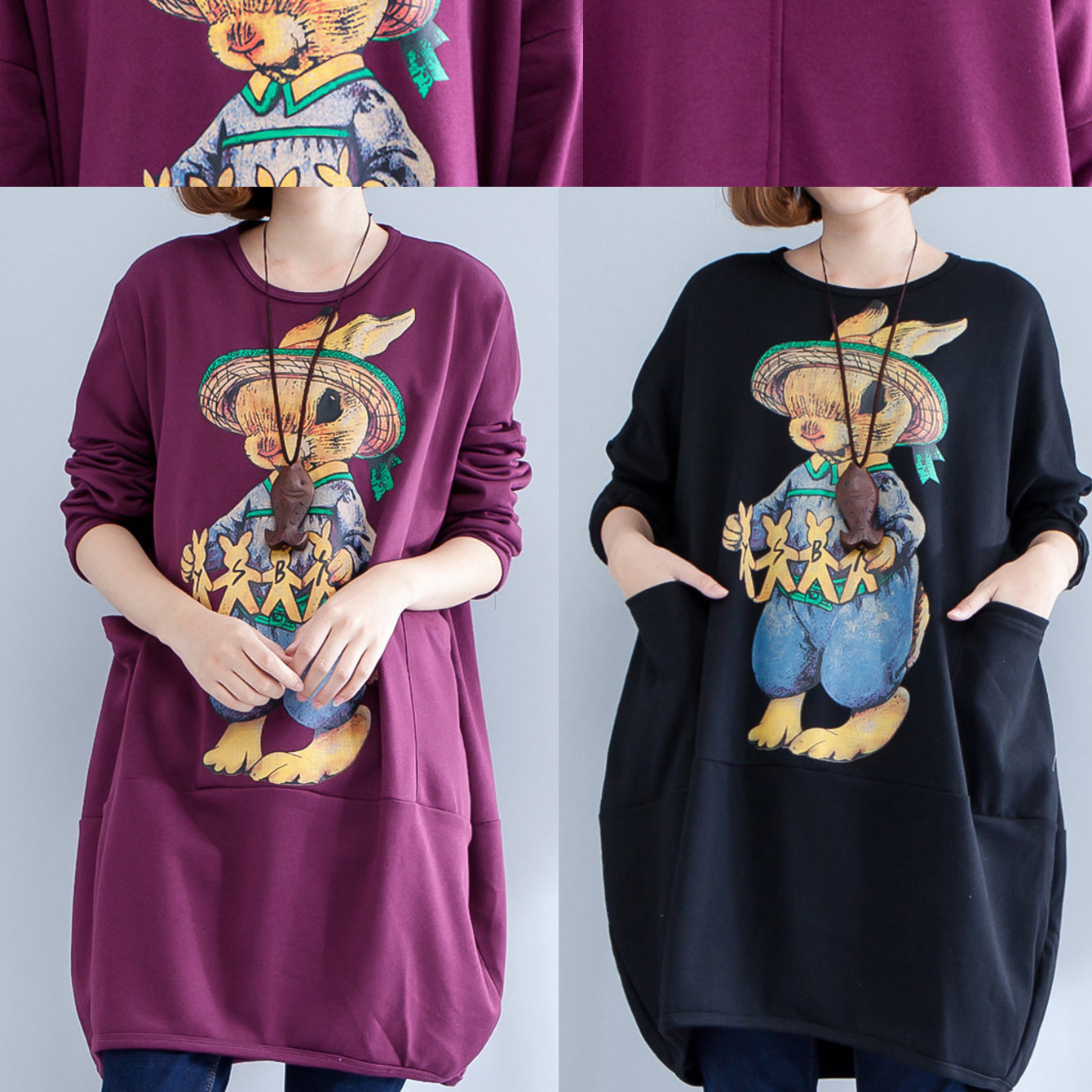 Black Warm Animal Print Cotton Dress Long Sleeve Pullover Dress