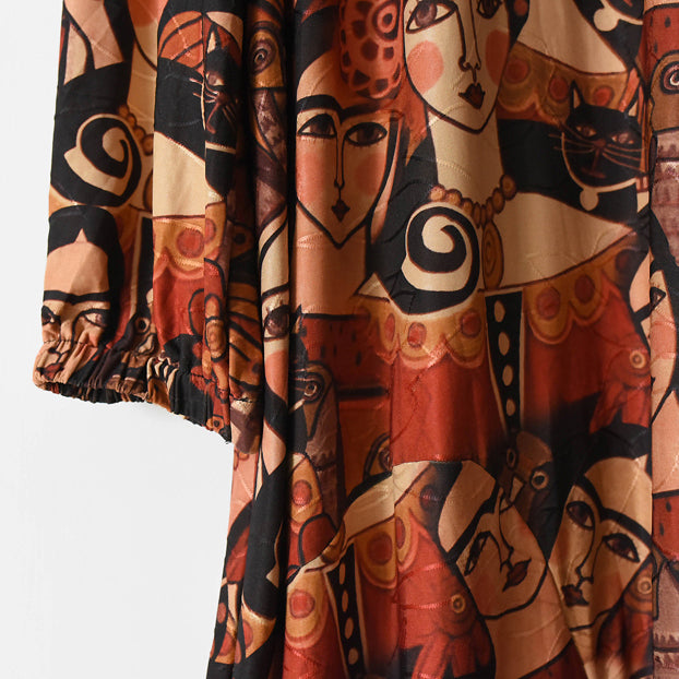 Brown Prints Cotton Dress Clothing O Neck Cotton Clothing Dresses
