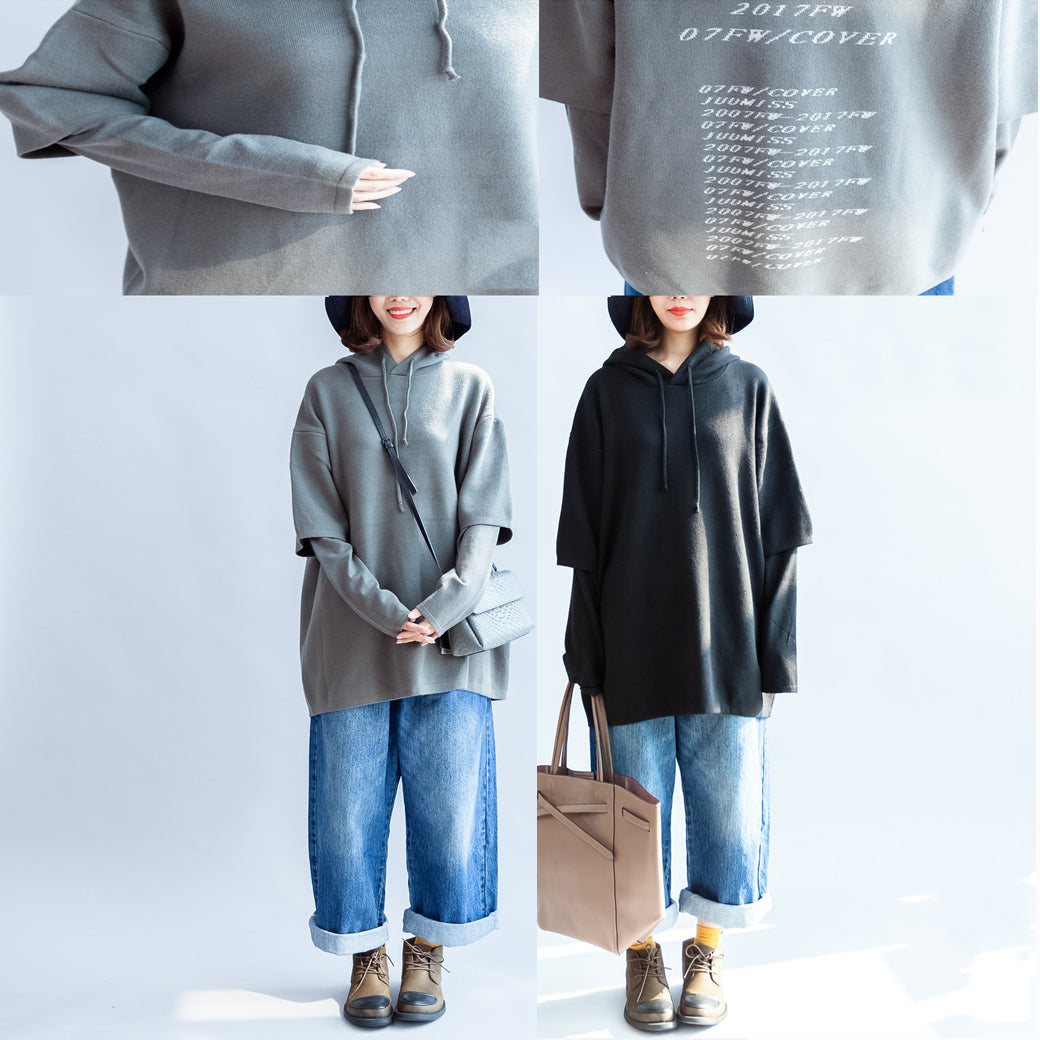 Fall Black Print Woolen Blended Coats Hooded Layered Sleeve Mid Outwear