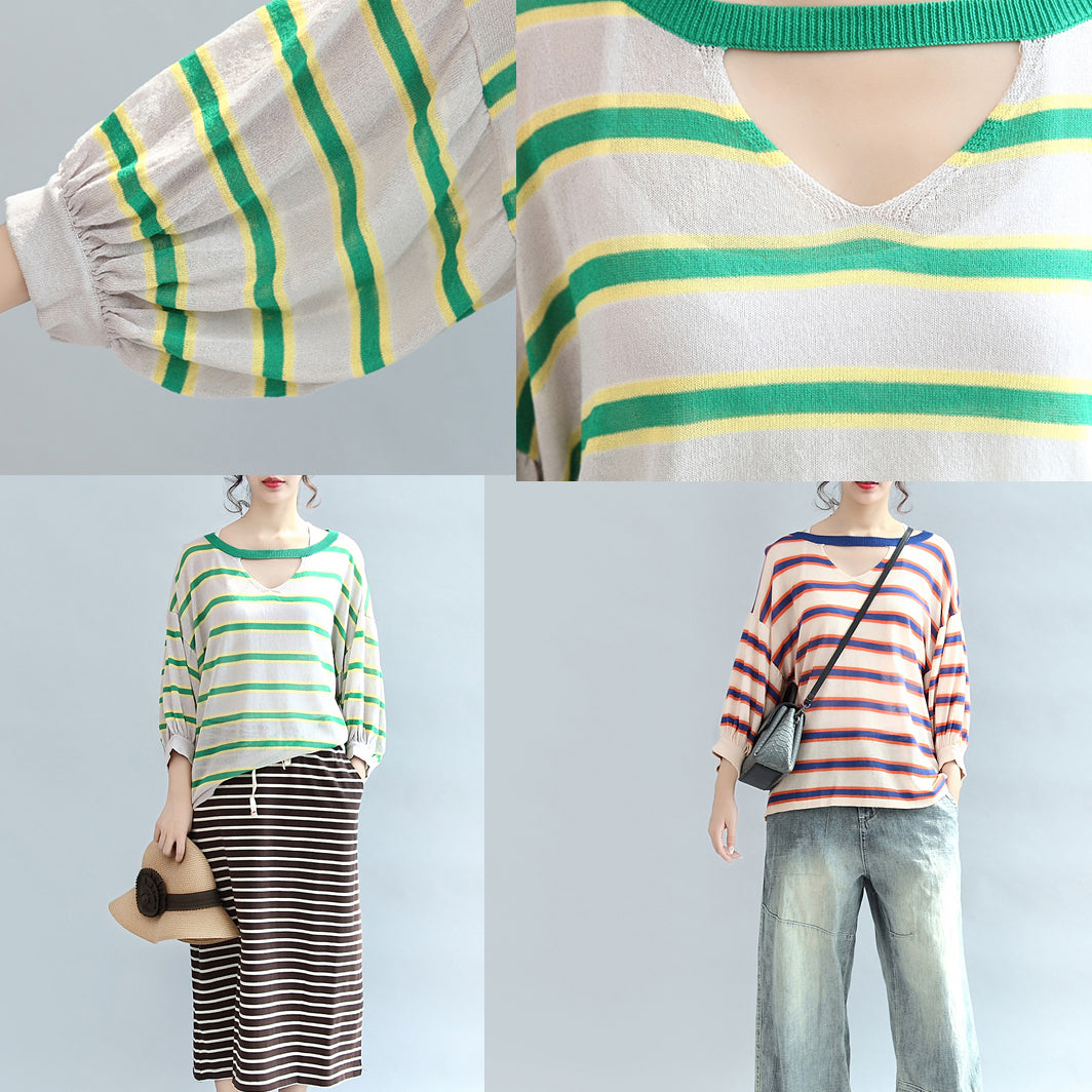 2025 fall blue striped casual cotton blouse oversize v neck tops
