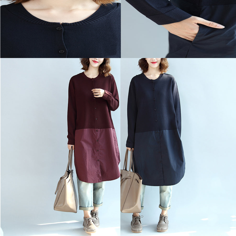 Fall Burgundy Patchwork Hem Cotton Sweater Dresses Knit Shirts Dress
