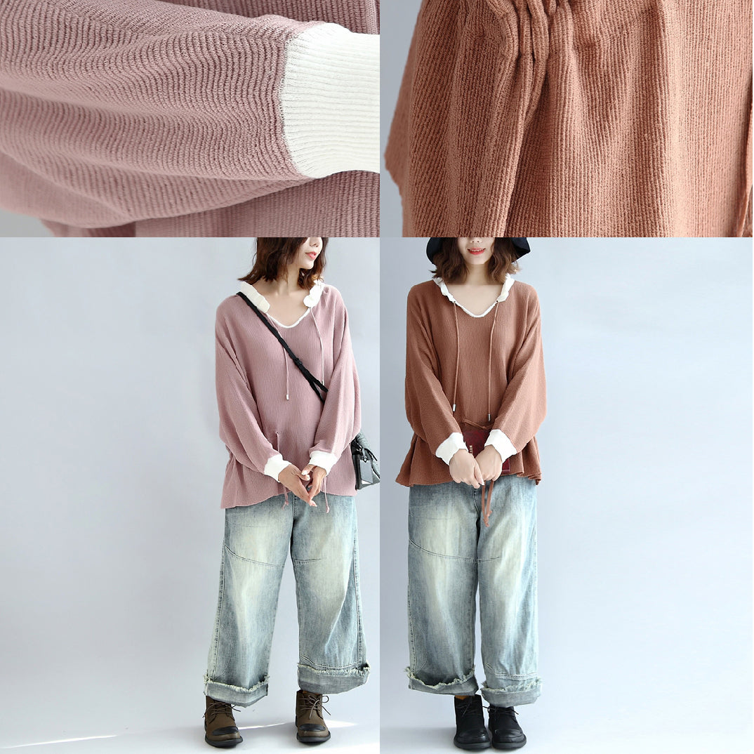 Fall Pink Knit Tops White Neck Ruffles Sweaters