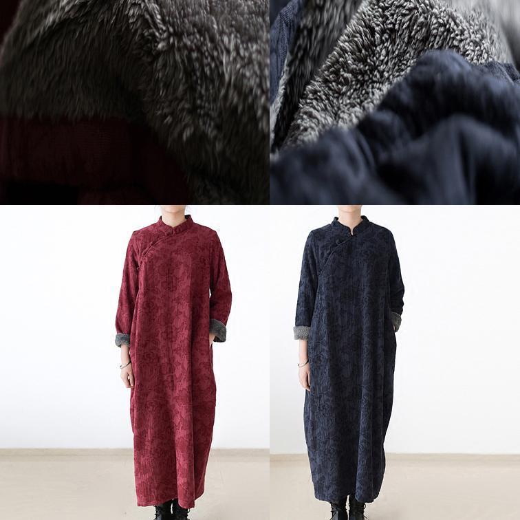 Winter Linen Dresses Warm Velour Inside Jacquard Long Caftans Winter Dresses in Navy