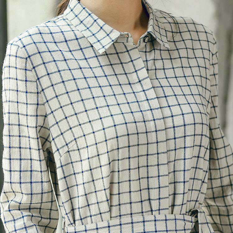 Plaid Fall Linen Dress Baggy Turn-down Collar Linen Dress