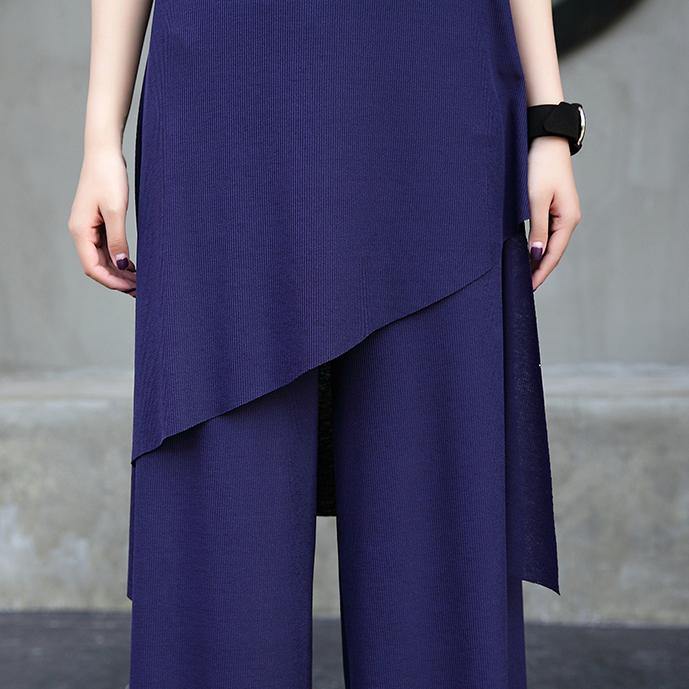 New Cotton Two Pieces Asymmetric Hem Tops and Elastic Waist Wide Leg Pants