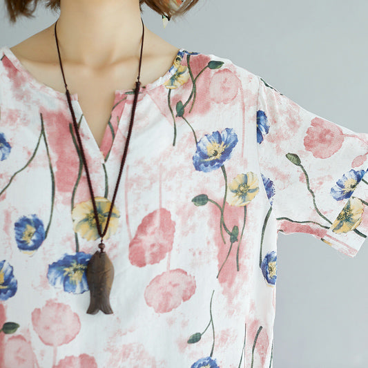 Pink Midi Cotton Dresses Cotton Dress Short Sleeve V Neck Cotton Clothing Dress