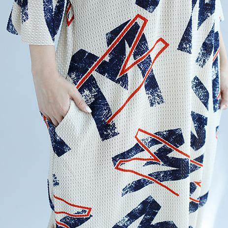 White Linen Shift Dresses Linen Maxi Dress Fine Bracelet Sleeve Alphabet Prints Linen Clothing Dress