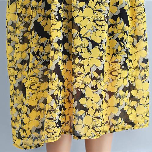 Yellow Natural Chiffon Dress Loose Fitting O Neck Traveling Dress