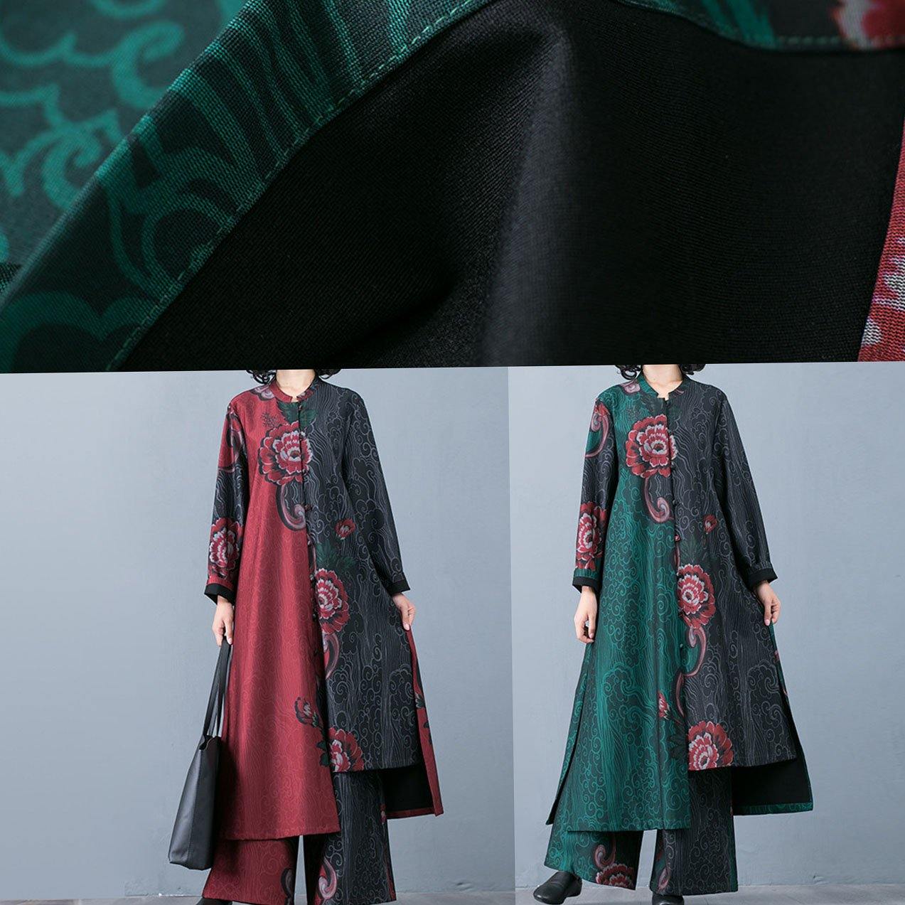 Autumn Large Size Retro Red Print Long Section Cardigan Top Loose Wide Leg Pants Two-piece Suit