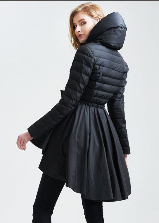 Snow Jackets Hooded Overcoat Black Drawstring Duck Down Coat