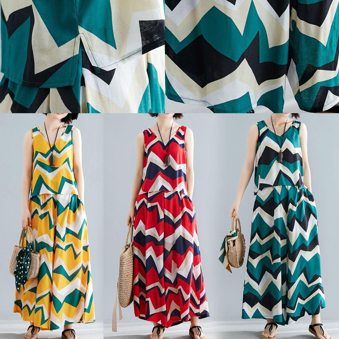 Green Prints Sleeveless V Neck Tops and Elastic Waist Wide Leg Pants Two Pieces