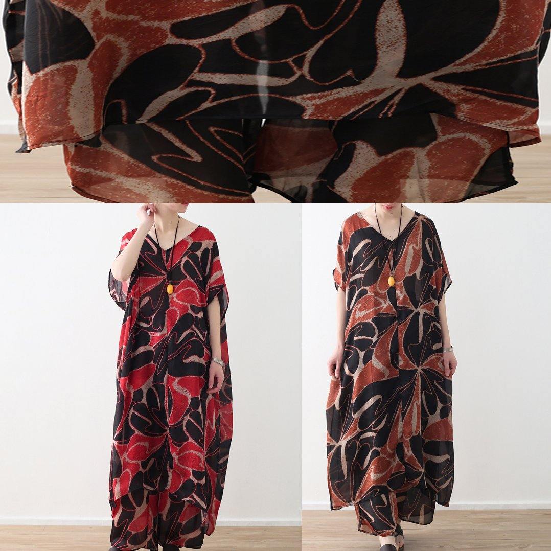 Khaki Chiffon Two Pieces V Neck Dress and Elastic Waist Wide Leg Pants