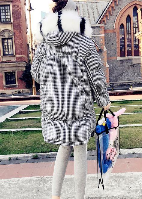 Black Plaid Down Jacket Woman Clothing Parka Hooded the Rabbit Wool Coats