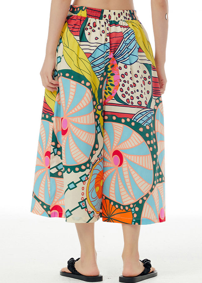 White Print Elastic Waist Cotton Crop Pants Summer