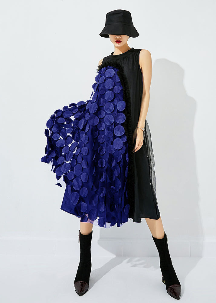 Tea Green-black Dot Asymmetrical Patchwork Wrinkled Tulle Maxi Dress Sleeveless