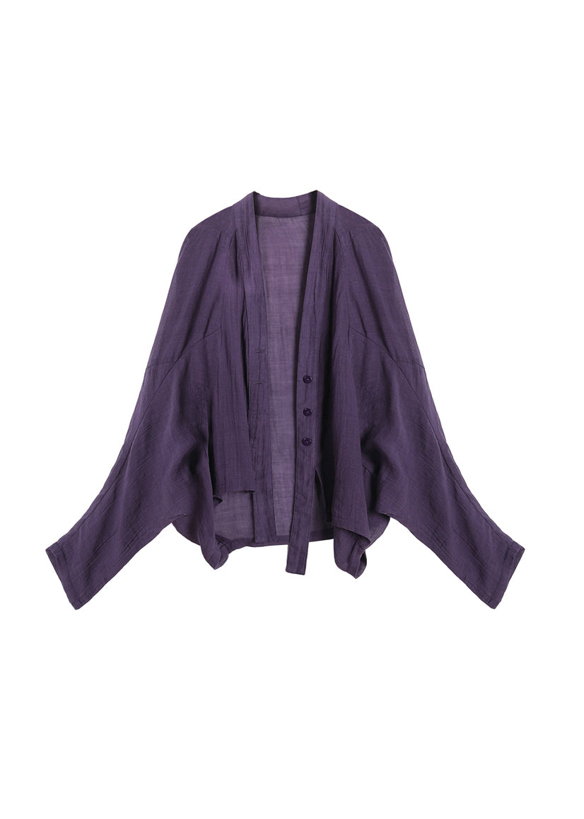 New Original Purple V Neck Linen Cardigan Bat Sleeves