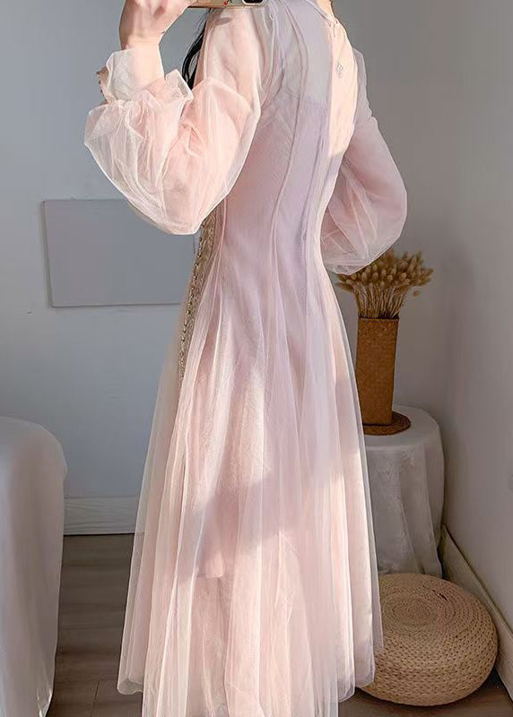 New Pink Mesh Tulle Nail Bead Bubble Sleeve Dress