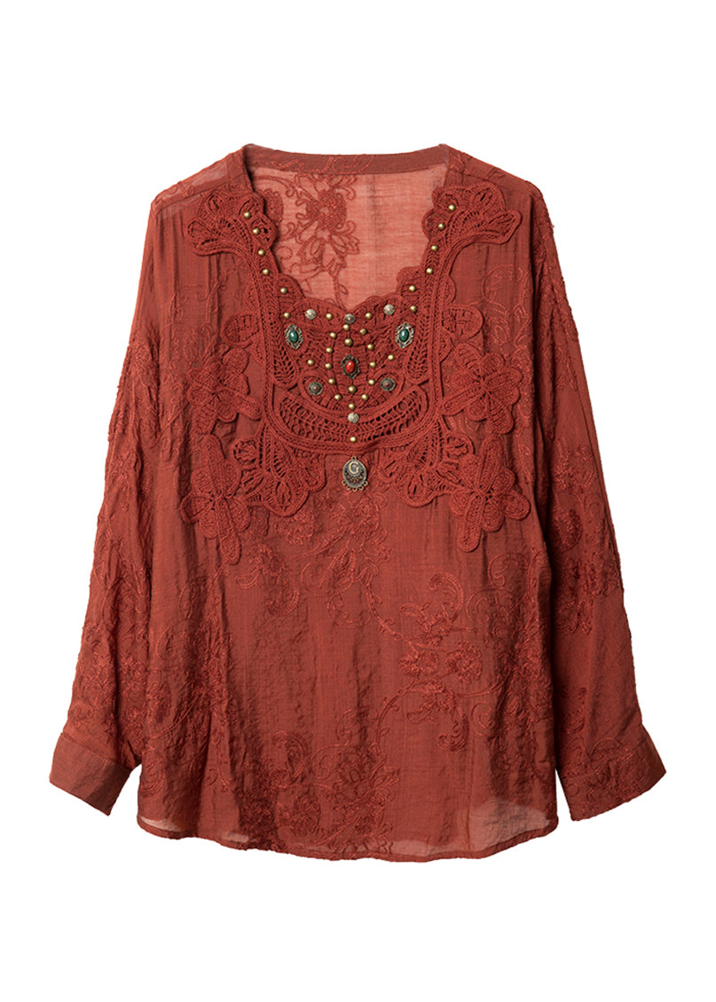 2025 New Red Square Collar Embroidered Cotton Tops Spring