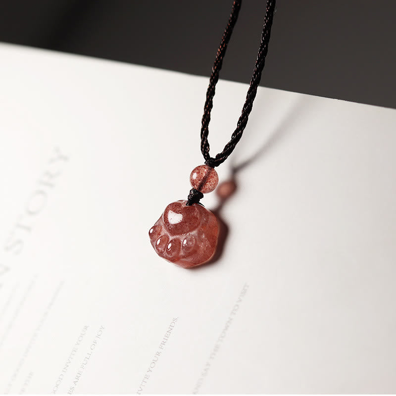 Buddha Stones Strawberry Quartz Cat Paw Claw Healing Necklace Pendant