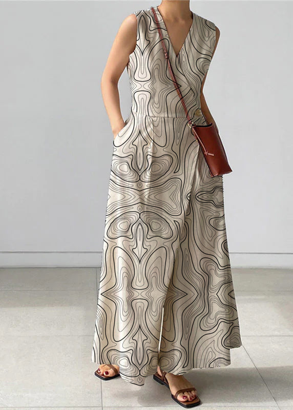 Beige V Neck Button Pockets Jumpsuit Pants Summer