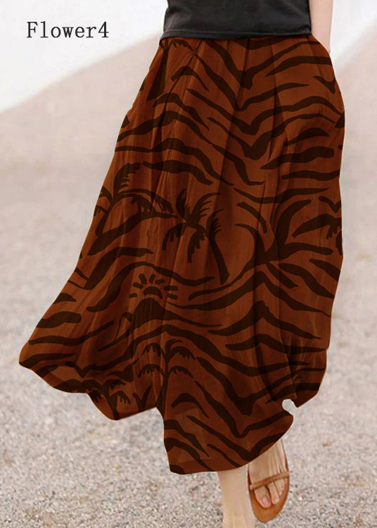 Retro Chocolate-flower2 Print Pockets Linen Skirt Summer