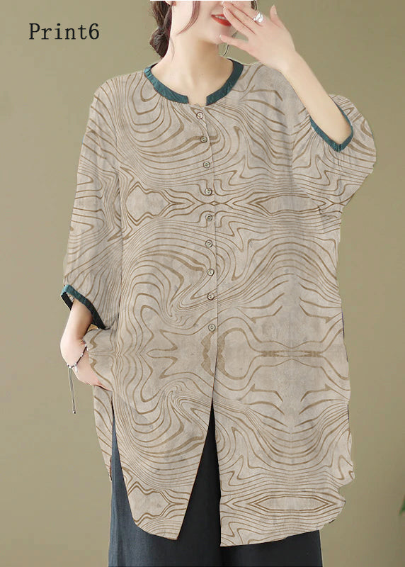 Khaki Print Linen Shirt Dresses O-neck Oversized Lantern Sleeve