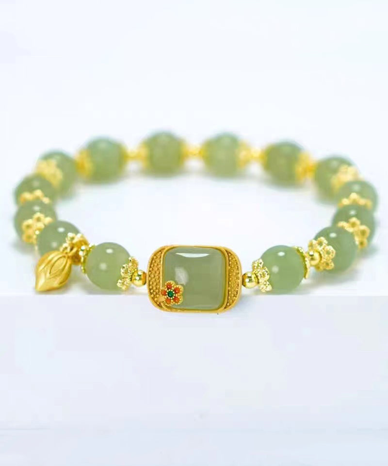 Green Sterling Silver Overgild Jade Lotus Charm Bracelet