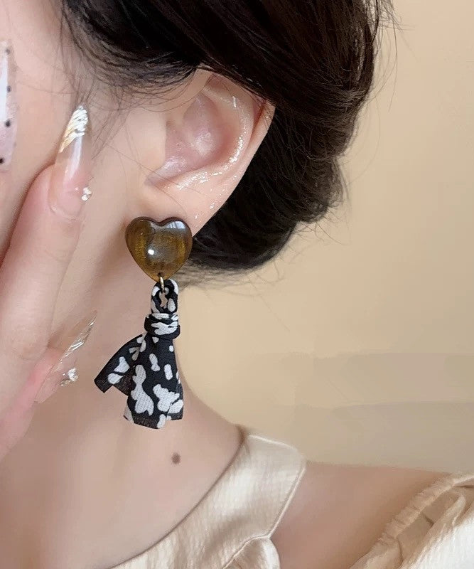 Black Copper Fabric Resin Love Print Drop Earrings
