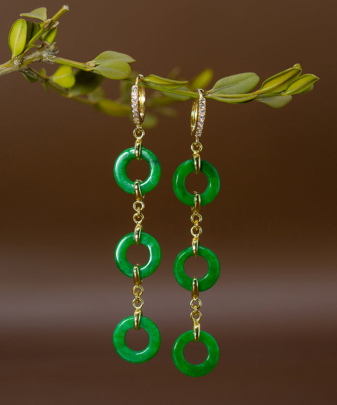 Green Sterling Silver Overgild Jade Circle Drop Earrings