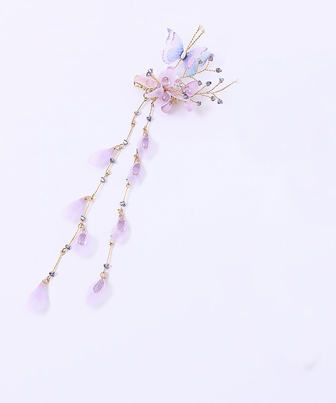 Chinese Style Purple Acrylic Cloth Butterfly Tassel Hairpin