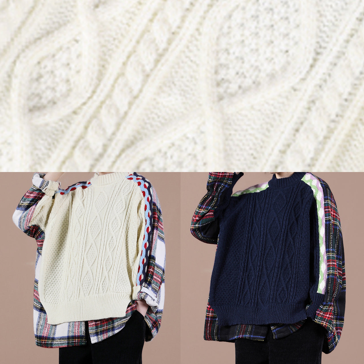 Aesthetic Beige Plaid Sweater Tops O Neck False Two Pieces Knit Sweat Tops