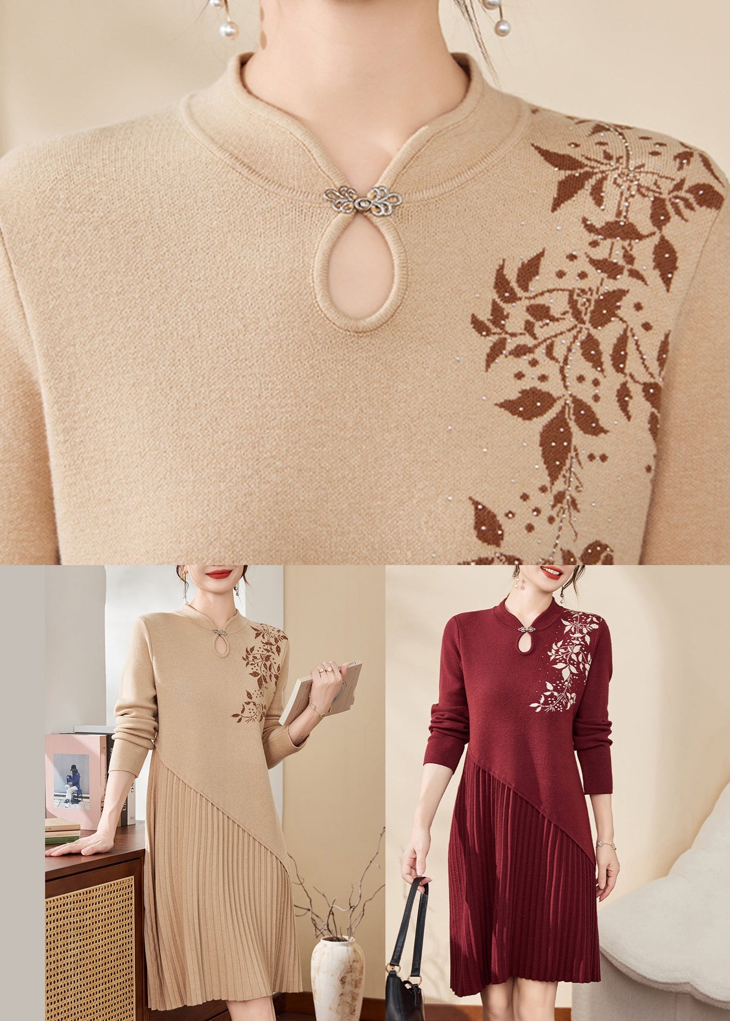Apricot Print Ptchwork Hollow Out Cotton Knit Maxi Sweater Dress Spring