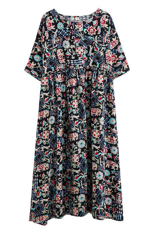 Art Black Print Loose O-neck Summer Half Sleeve Dresses