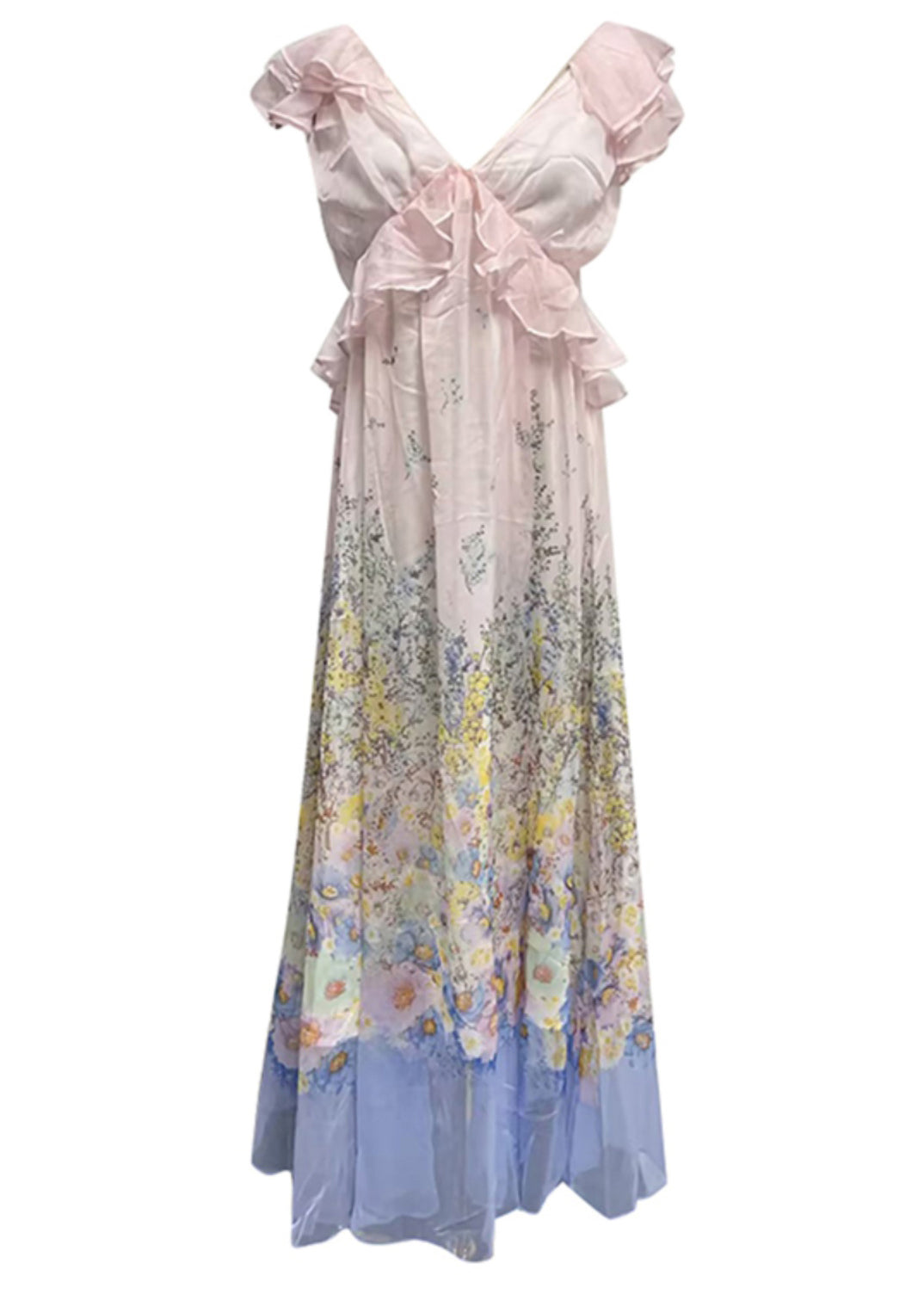 Art Gradient Color Ruffled Print Pockets Cotton Long Dress Summer