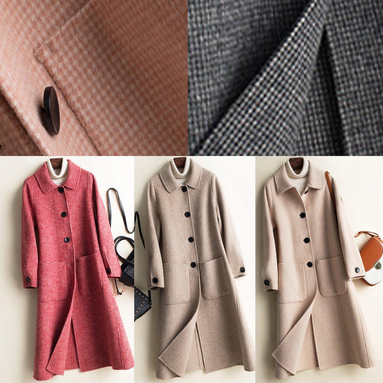 Art Peter Pan Collar Button Down Fine Woolen Coats Pink Plaid Silhouette Jackets
