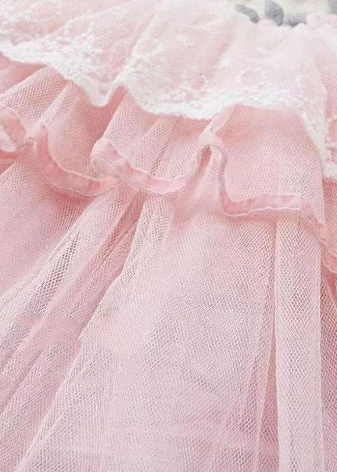 Art Pink O-neck Lace Patchwork Tulle Maxi Dresses Fall