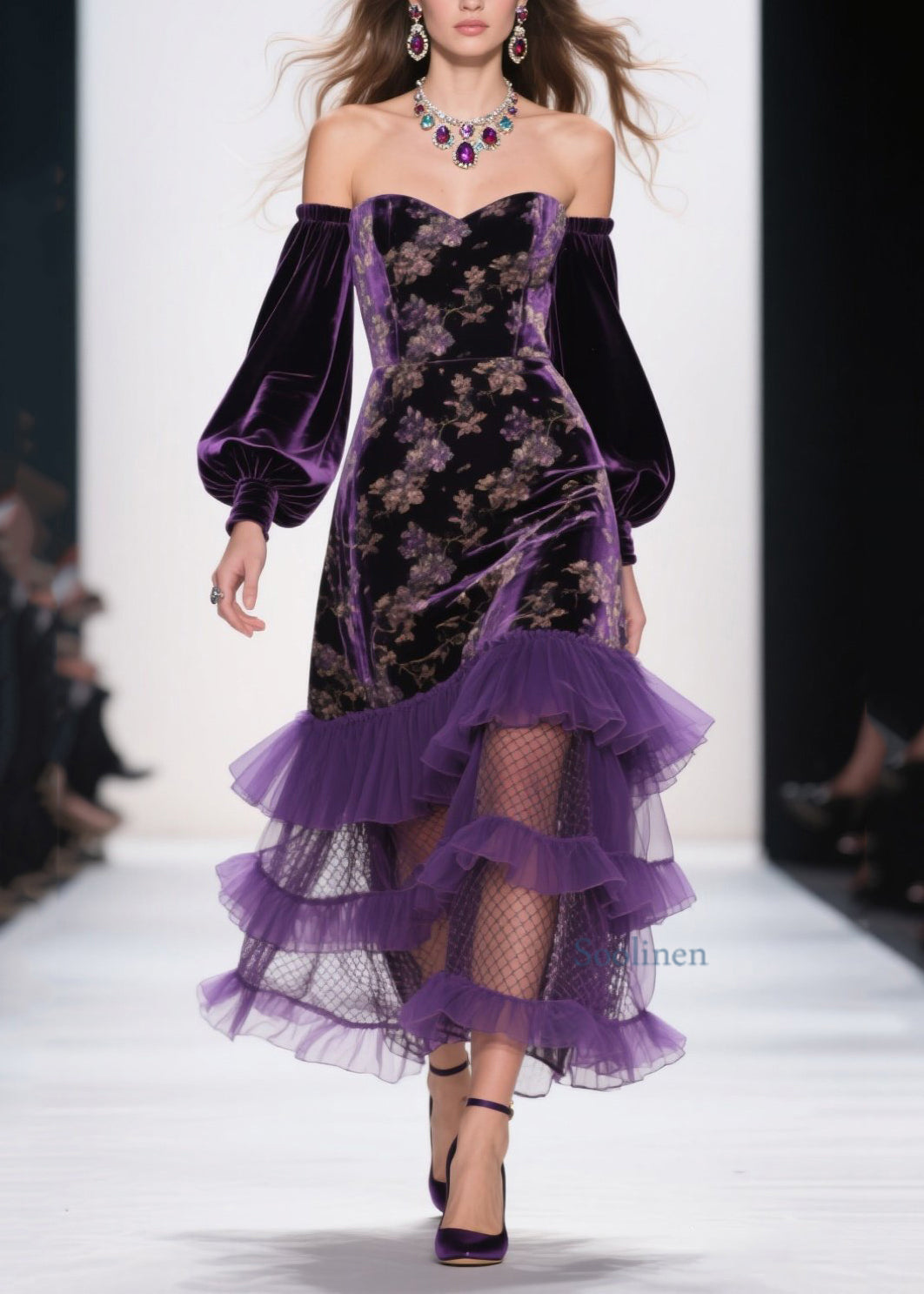 Art Purple Cold Shoulder Print Ruffled Velvet Dress Spring
