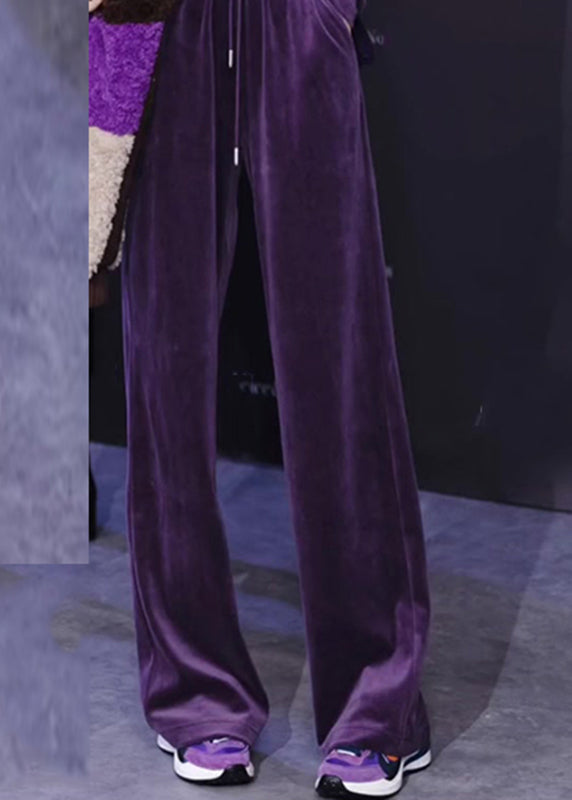 Art Purple Zippered Silk Velour Hooded Coats and Pants Two Pieces Set Long Sleeve