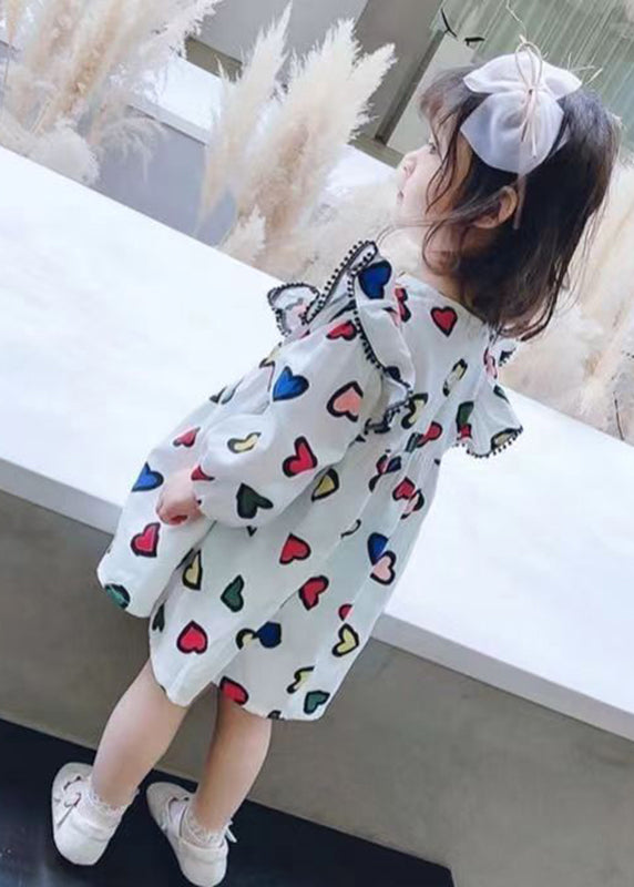 Art White O-neck Print Mid Dress Long Sleeve